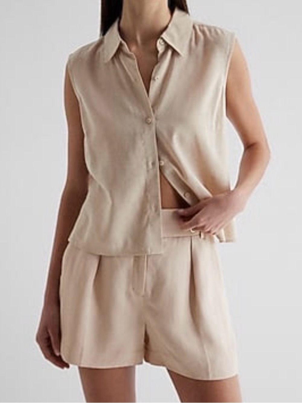 NWT Express Khaki Linen Blend Button Down Crop Sleeveless Top Sz S